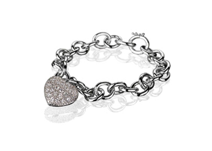 Rhodium Plated CZ Studded Toggle Heart Charm Bracelet